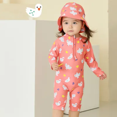 Kids Baby Boys Girls Fashion Cartoon Navy Printed Long-Sleeve Quick-Drying Swimwear Hat Set