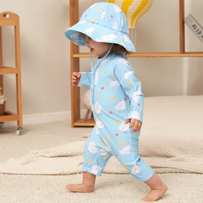 Kids Baby Boys And Girls Fashion Printed Quick-Drying One-Piece Swimsuit Hat Two-Piece Set