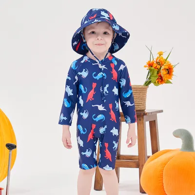 Kids Baby Boys And Girls Fashion Dinosaur Printed Quick-Drying Swimwear Hat Two-Piece Set
