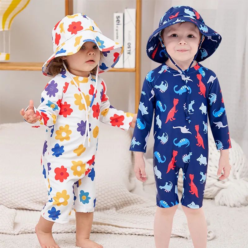 Kids Baby Boys And Girls Fashion Dinosaur Printed Quick-Drying Swimwear Hat Two-Piece Set