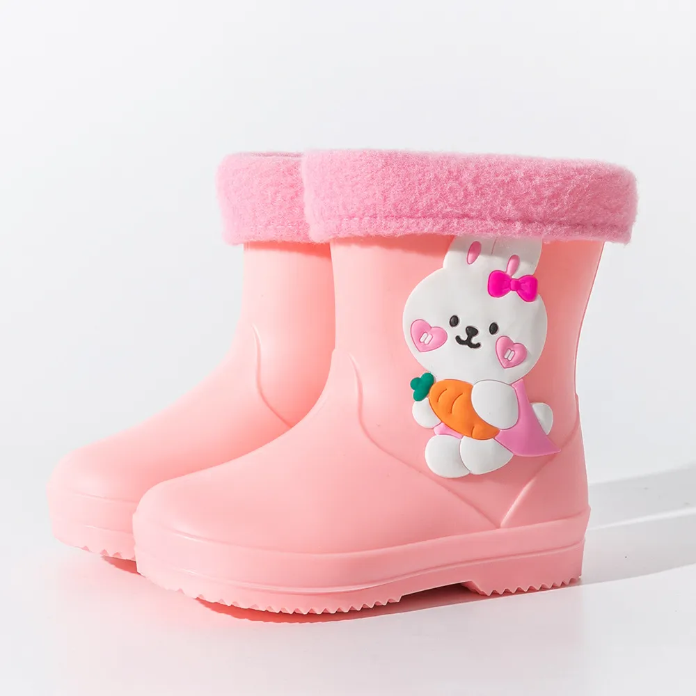 Kids Boys Girls Fashion Cute Cotton Detachable Waterproof Non-Slip Rain Boots PVC Cartoon Ankle Height