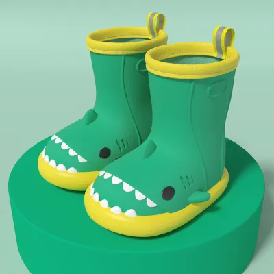 Kids Boys Girls Fashion Cartoon Shark Print Soft Sole Anti-Slip Waterproof Rubber Rain Boots