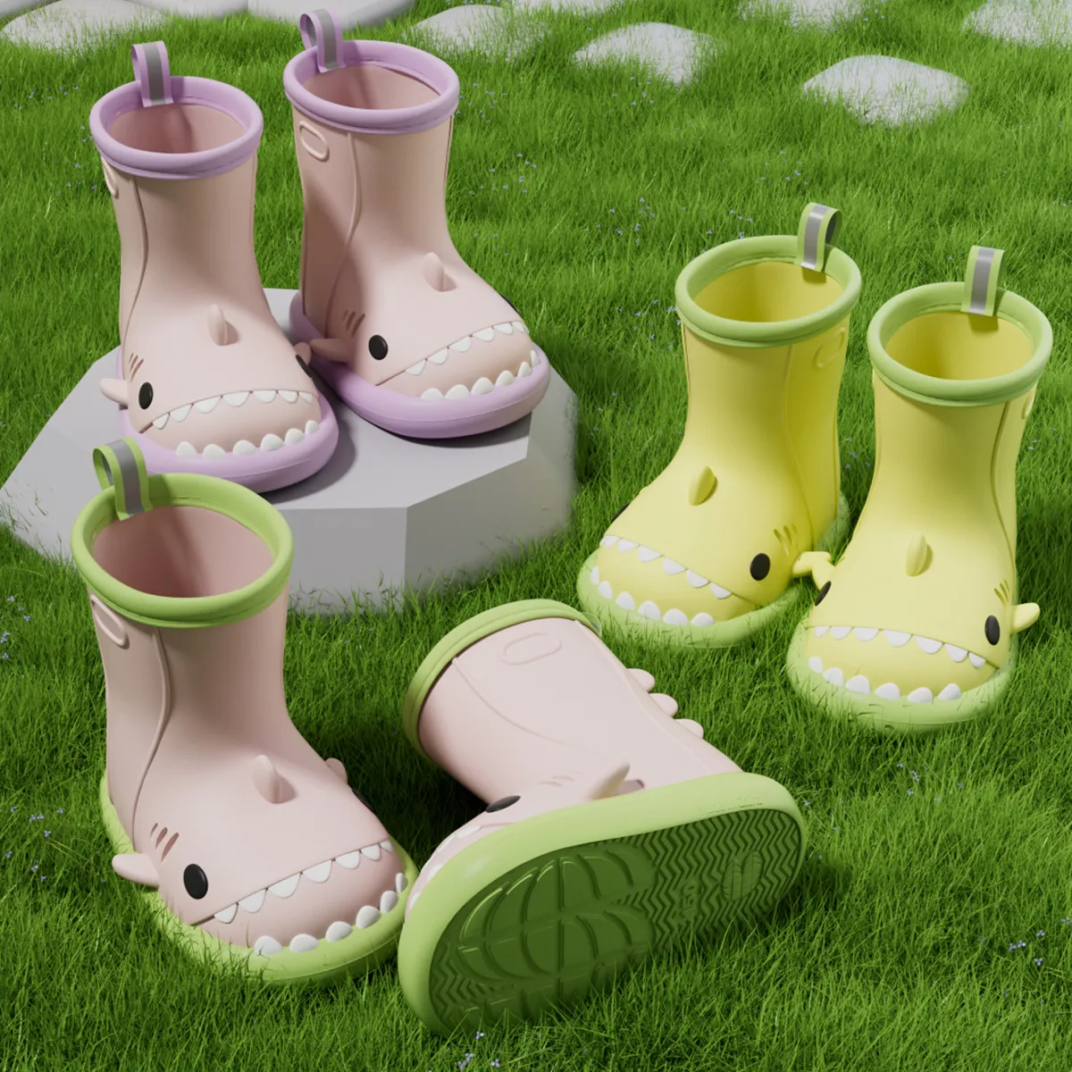 Kids Boys Girls Fashion Cartoon Shark Print Soft Sole Anti-Slip Waterproof Rubber Rain Boots