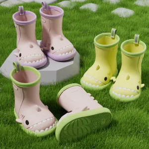 Kids Boys Girls Fashion Cartoon Shark Print Soft Sole Anti-Slip Waterproof Rubber Rain Boots