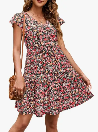 Summer Women Casual Tiny Flower Print V-Neck Mini Floral Dress