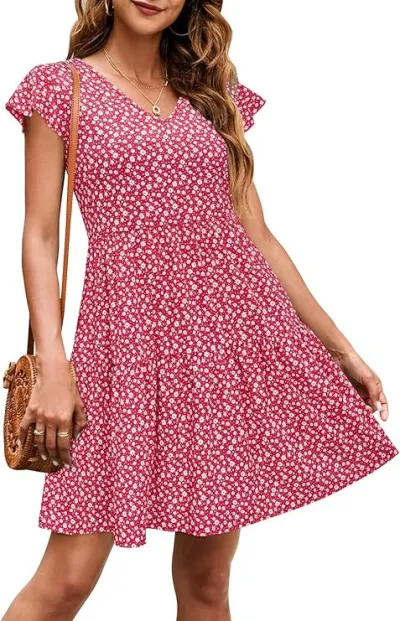 Summer Women Casual Tiny Flower Print V-Neck Mini Floral Dress