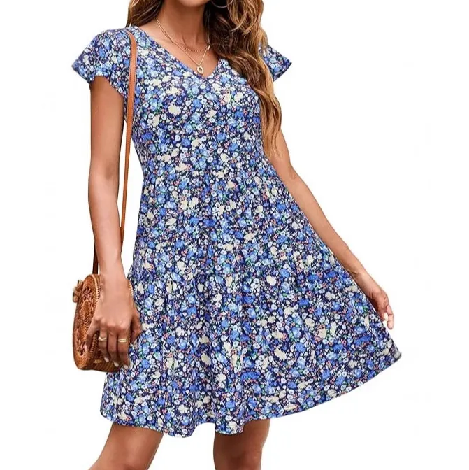 Summer Women Casual Tiny Flower Print V-Neck Mini Floral Dress