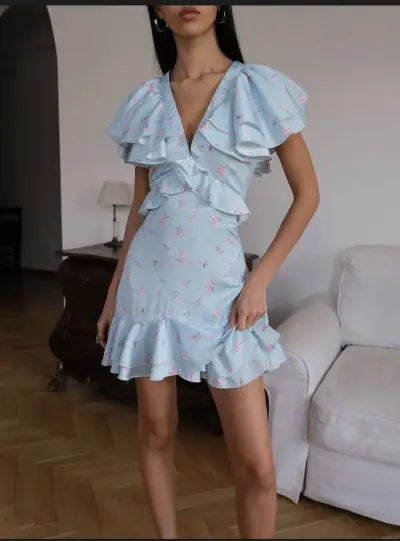 Summer Women'S Fashion Tiny Flower Print Ruffled V-Neck Mini Floral Dress