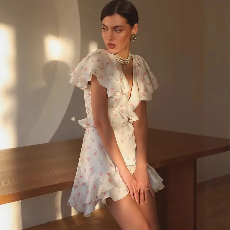Summer Women'S Fashion Tiny Flower Print Ruffled V-Neck Mini Floral Dress