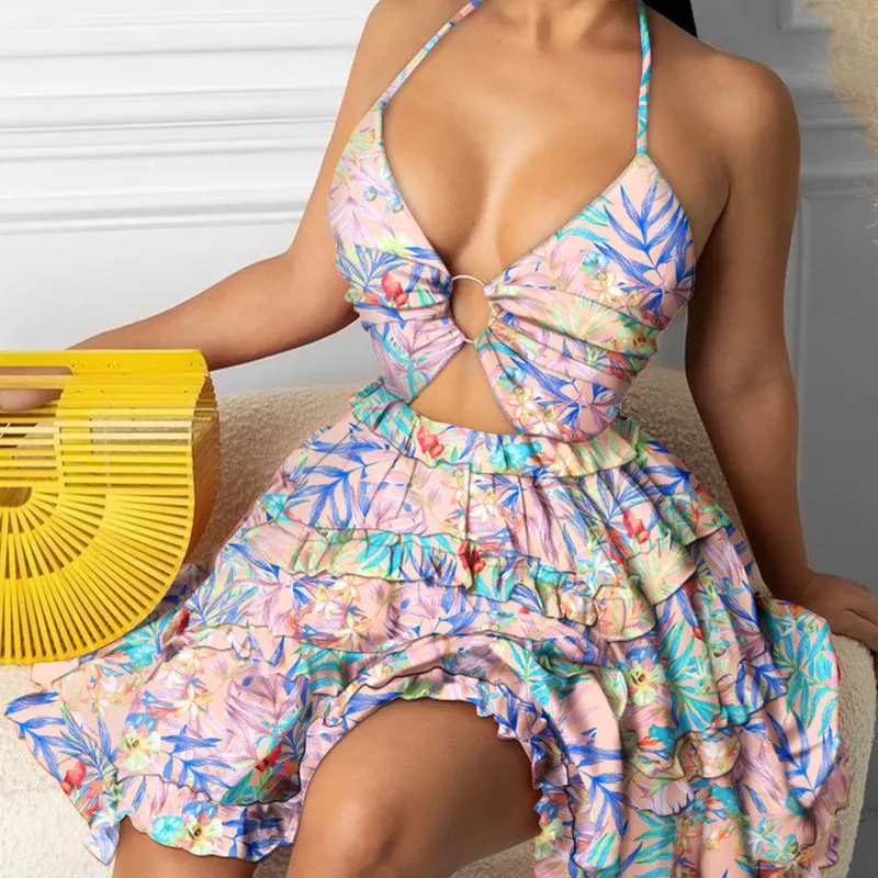Summer Women Fashion Floral Print Hollow Neck Mini Dress