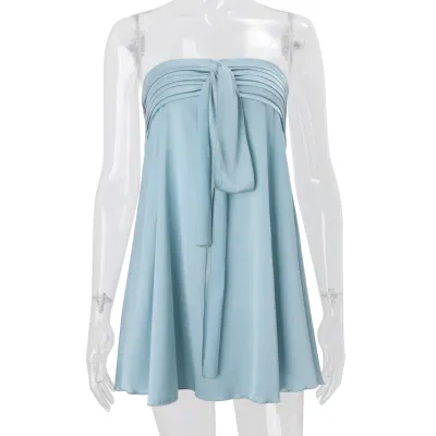 Street Women Fashion Sexy Satin Strapless Strap Solid Color Mini Dress