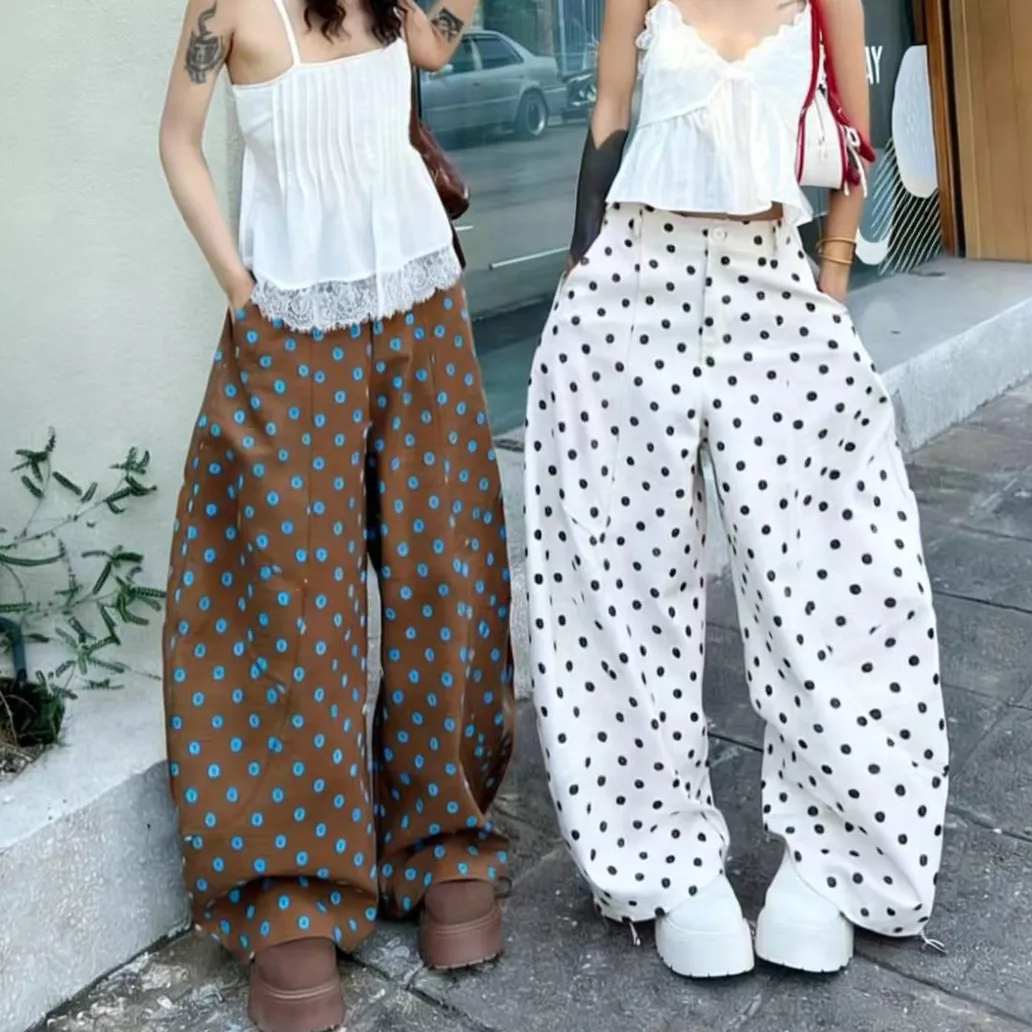 Women Vintage Polka Dot Printed Wide Leg Pants