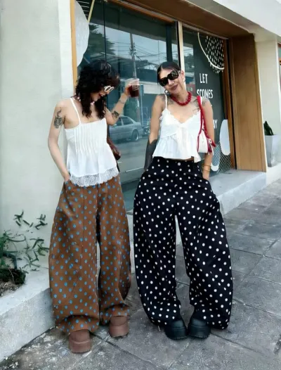 Women Vintage Polka Dot Printed Wide Leg Pants