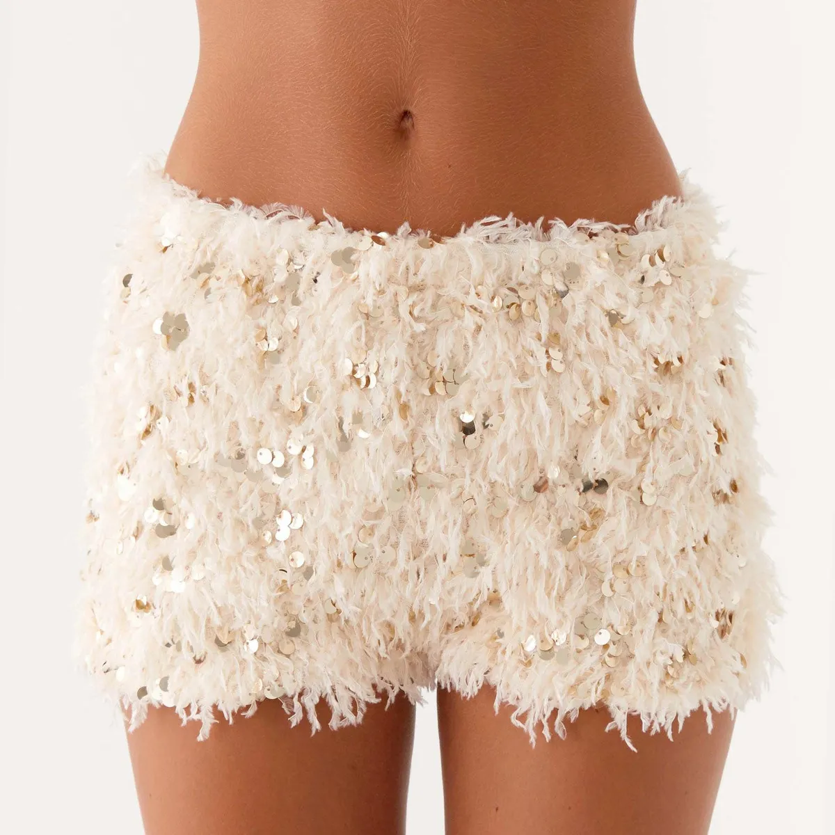 Women Fashion Sexy Summer Solid Color Sequin Plush Slim Fit Low Waist Shorts