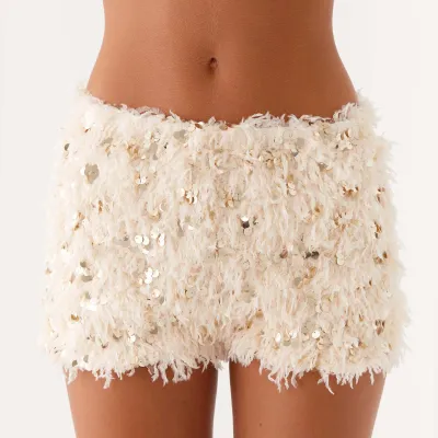 Women Fashion Sexy Summer Solid Color Sequin Plush Slim Fit Low Waist Shorts