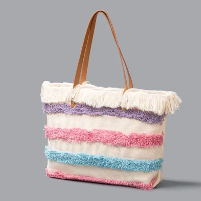 Women Fashion Canvas Large Capacity Tassel Beach Tote Shoulder Bag