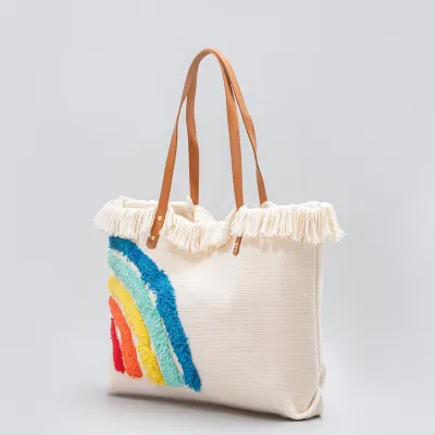 Women Fashion Canvas Large Capacity Tassel Beach Tote Shoulder Bag