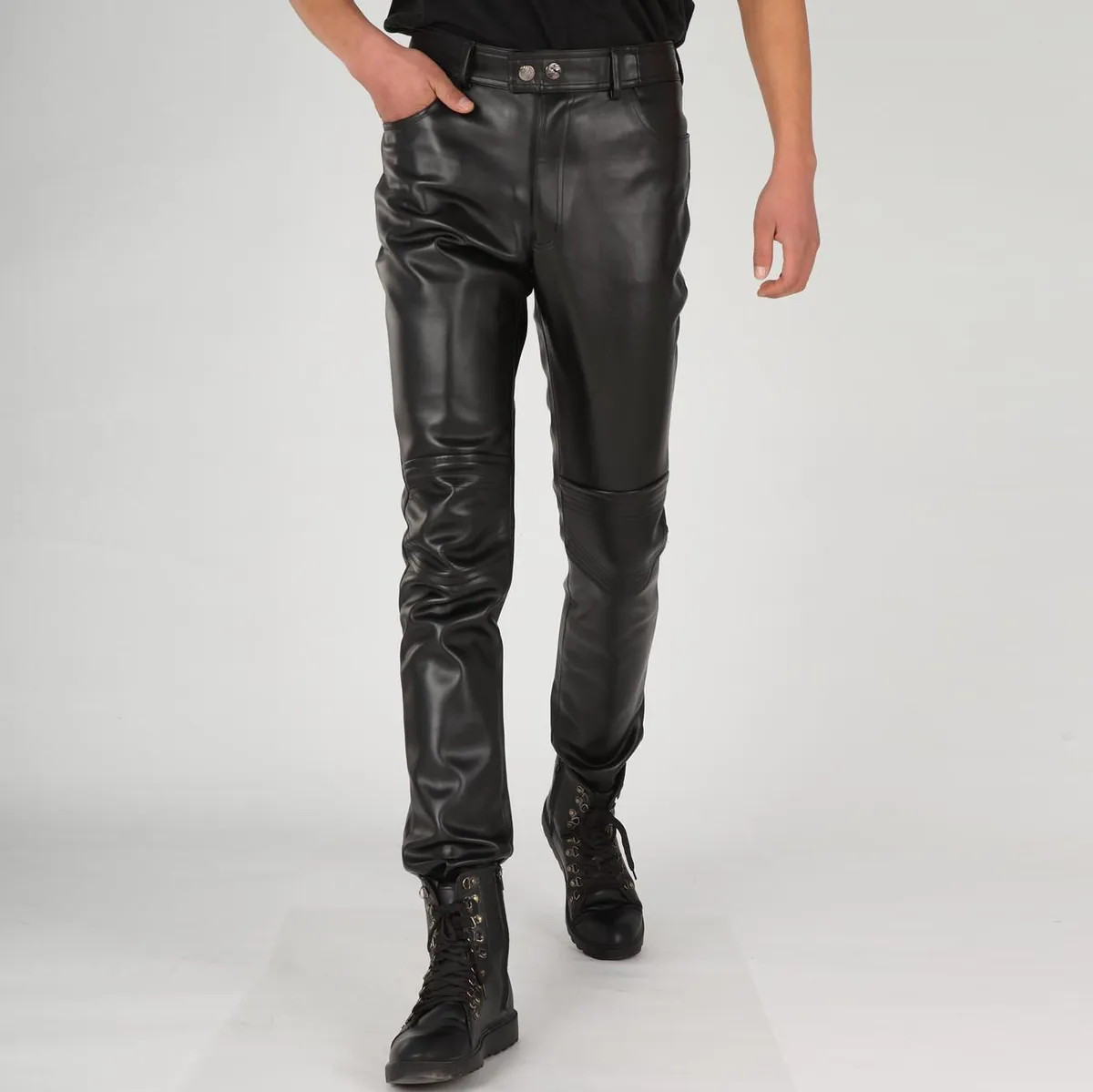 Men's Cycling Solid Color PU Pants Tight-Fitting Fleece-Lined Mid-Waist