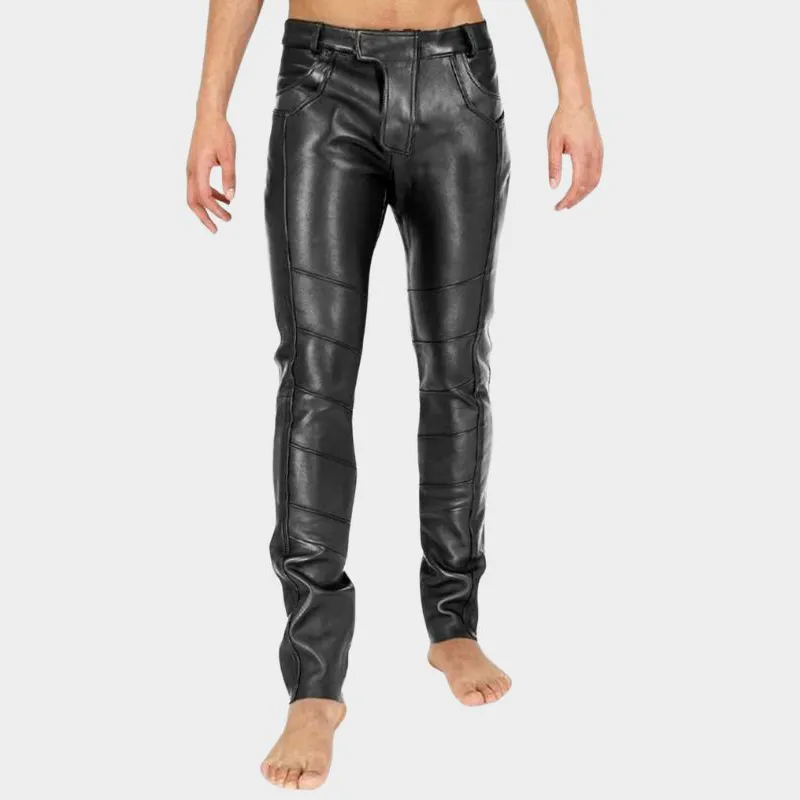Men Punk Skinny PU High Waist Ankle-Banded Pants