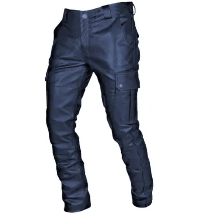 Men Solid Color PU Pants Straight-Leg Mid-Waist Outerwear Punk