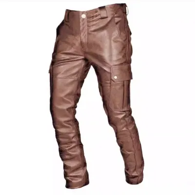 Men Solid Color PU Pants Straight-Leg Mid-Waist Outerwear Punk