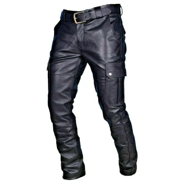 Men Solid Color PU Pants Straight-Leg Mid-Waist Outerwear Punk