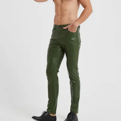 Autumn Winter Men's Motorcycle Tight Solid Color PU Pants