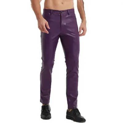 Autumn Winter Men's Motorcycle Tight Solid Color PU Pants