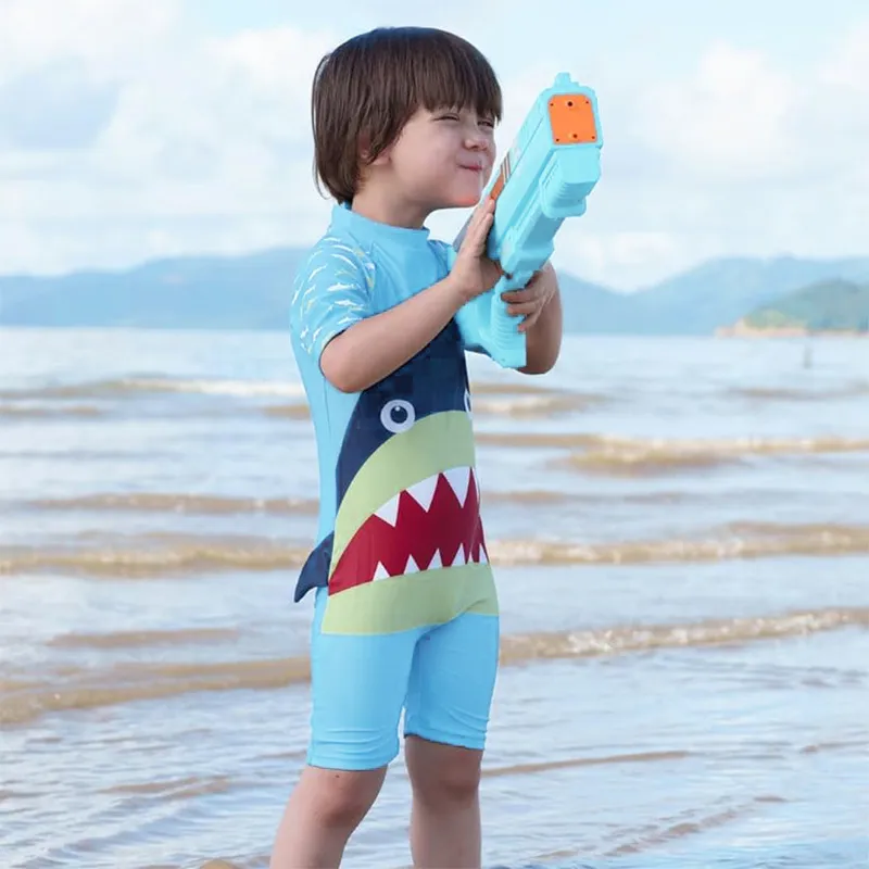 Kids Boys Fashion Cute Cartoon Breathable Short-Sleeve Swimsuit and Swimming Cap Two-Piece Set