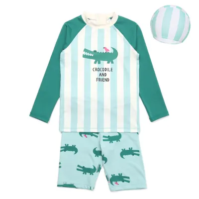 Kids Boys Fashion Casual Printed Long Sleeve Quick-Drying Swimsuit Three-Piece Set