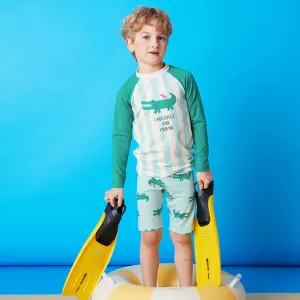 Kids Boys Fashion Casual Printed Long Sleeve Quick-Drying Swimsuit Three-Piece Set