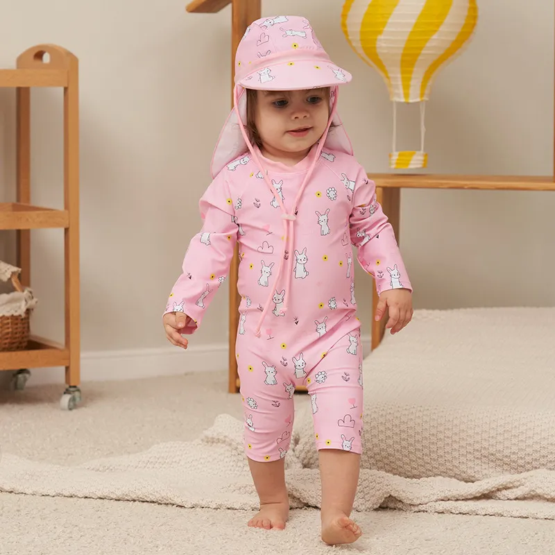 Kids Girls' Fashion Cute Bunny Printed Long-Sleeve Quick-Drying One-Piece Swimsuit