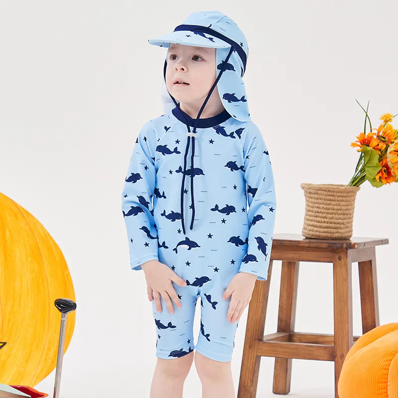 Kids Boys Fashion Cartoon Dolphin Print Long-Sleeve One-Piece Swimsuit