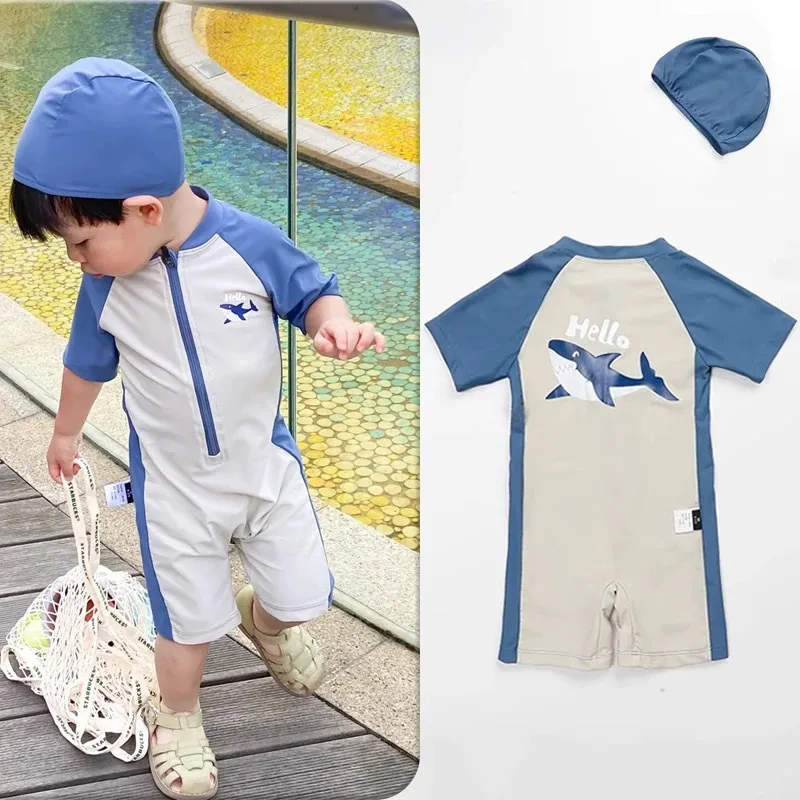 Kids Boys Fashion Cute Dolphin Print Short-Sleeve Swimsuit Swimming Cap Two-Piece Set