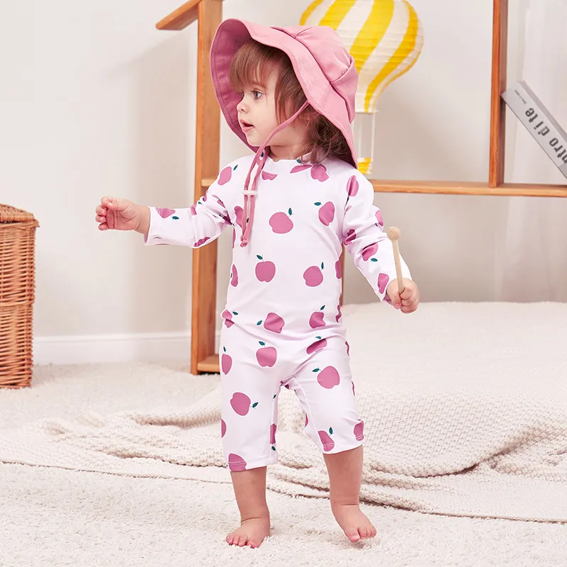 Kids Girls' Fashion Cute Apple Printed Long-Sleeve Quick-Drying One-Piece Swimsuit with Swimming Cap Set