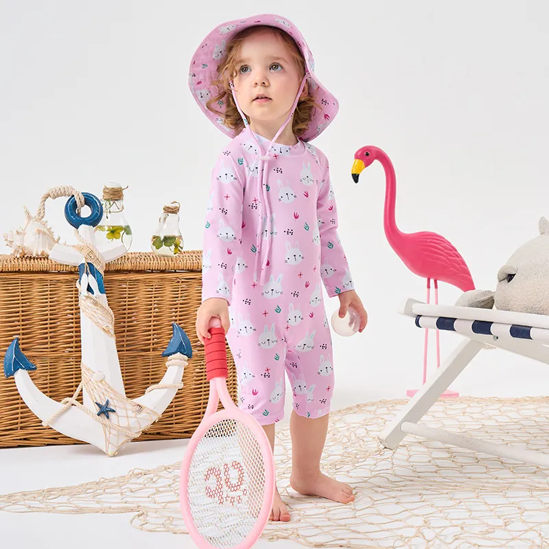 Kids Girls' Cute Bunny Printed Quick-Drying Long-Sleeve One-Piece Swimsuit with Swimming Cap Set