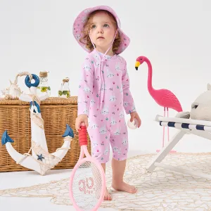 Kids Girls' Cute Bunny Printed Quick-Drying Long-Sleeve One-Piece Swimsuit with Swimming Cap Set