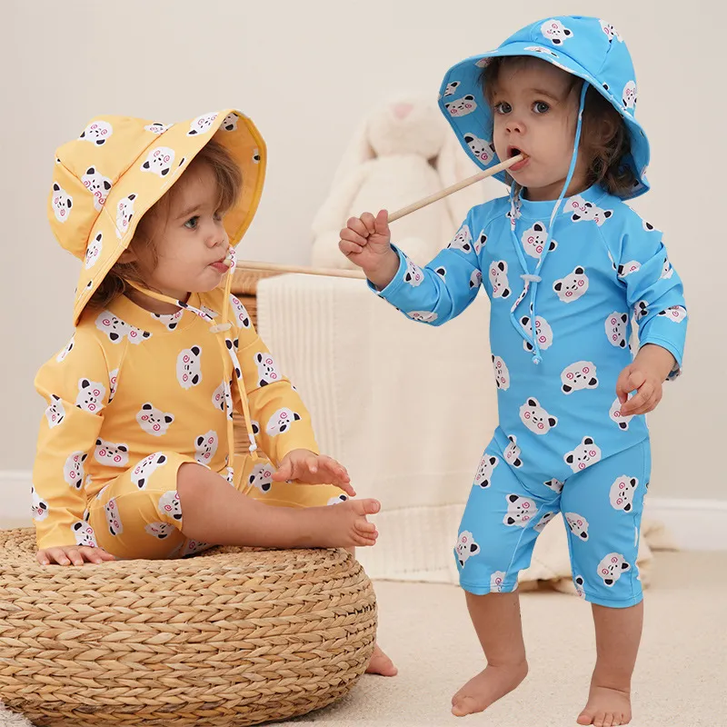Kids Boys Girls Fashion Cartoon Cute Quick-Drying One-Piece Swimsuit and Swimming Cap Two-Piece Set