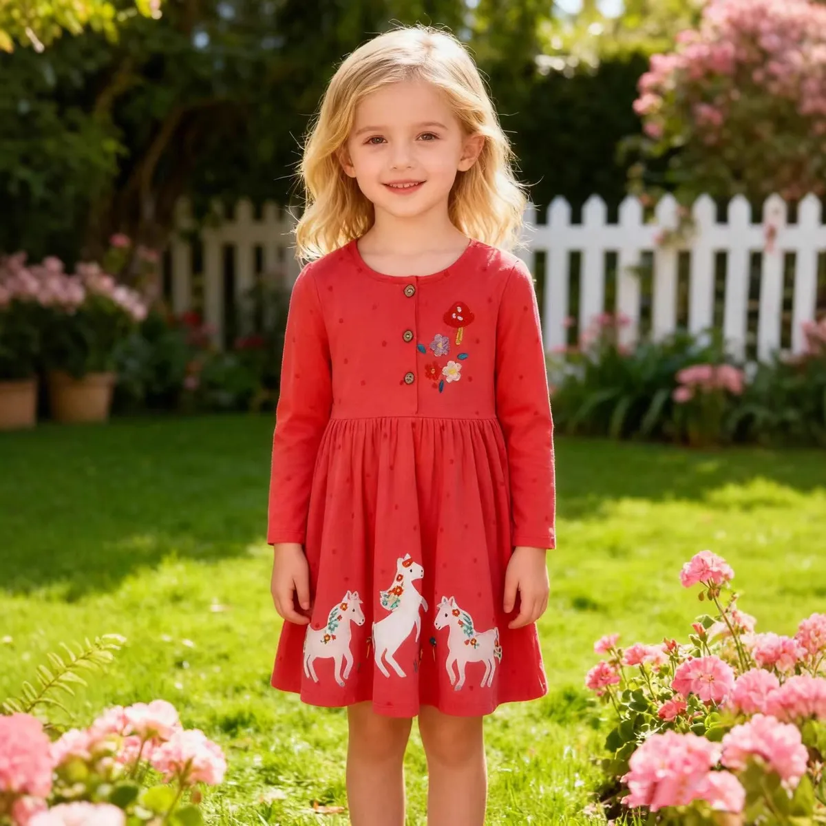 Kids Girls Autumn Animal Embroidery Cotton Polo Long Sleeve Dress