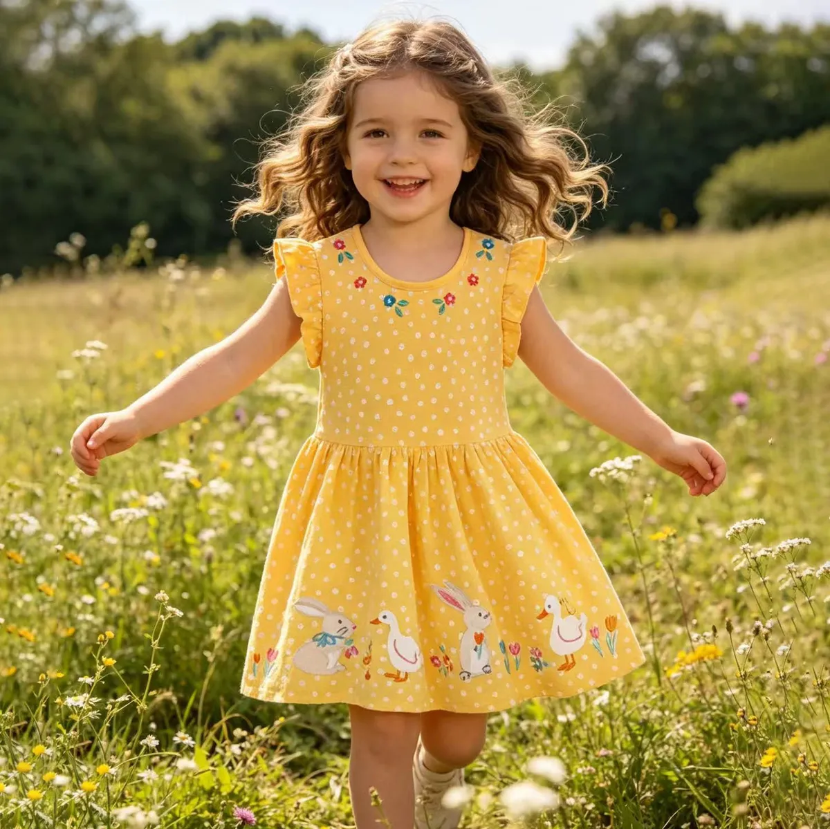 Girls Fashion Summer Cartoon Embroidered Printed Short-Sleeve Dress for Kids 3-14 Years