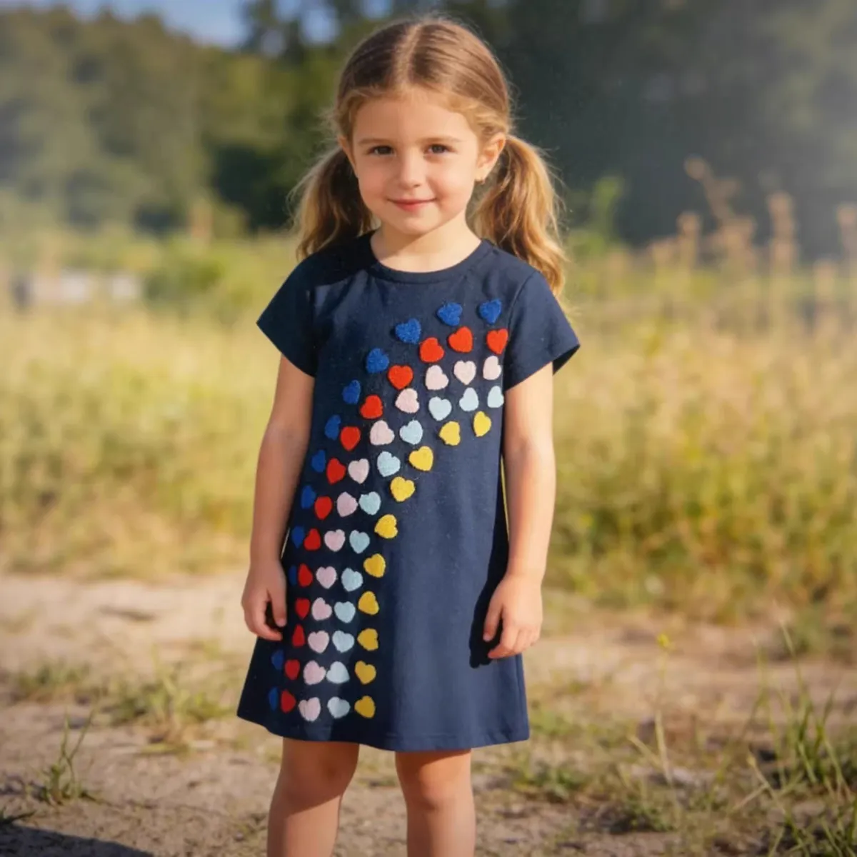 Kids Girls Fashion Casual Summer Love Towel Embroidered Short Sleeve Cotton Dress