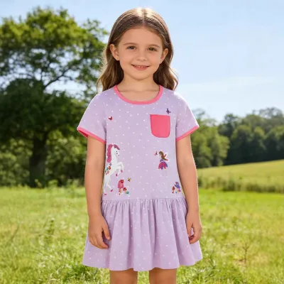 Girls Casual Summer Cotton Short Sleeve Princess Dress with Cartoon Print