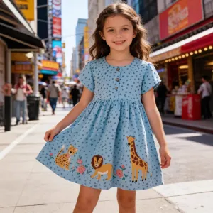Girls Animal Embroidered Short Sleeve Cotton Princess Dress Summer Casual