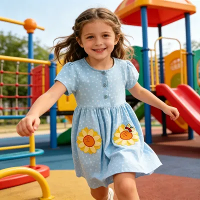 Kids Girls Fashion Casual Summer Embroidered Short Sleeve Cotton Dress