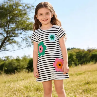 Kids Girls Fashion Casual Summer Cartoon Embroidered Pic Stripe Round Neck Short-Sleeve Cotton Princess Dress