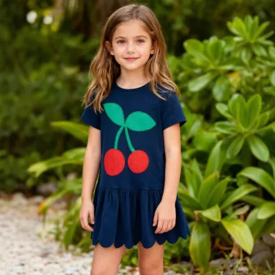 Kids Girls Fashion Casual Spring Summer Cherry Print Short Sleeve Cotton Dress