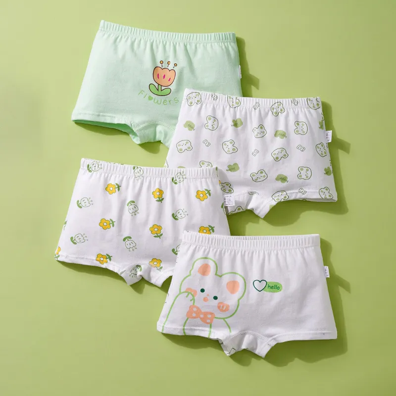 Kids Girls Fashion Cute Printed Cotton Four-Corner Panties 4pcs-Set Pajamas