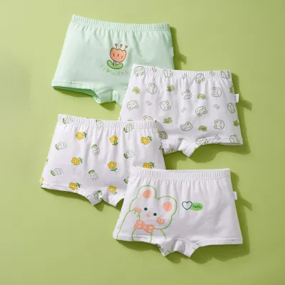 Kids Girls Fashion Cute Printed Cotton Four-Corner Panties 4pcs-Set Pajamas