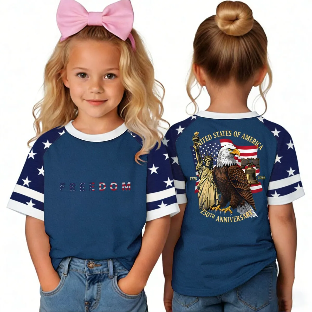Kids Boys And Girls Fashion Independence Day Printed Round Neck Loose T-Shirt Short Sleeve