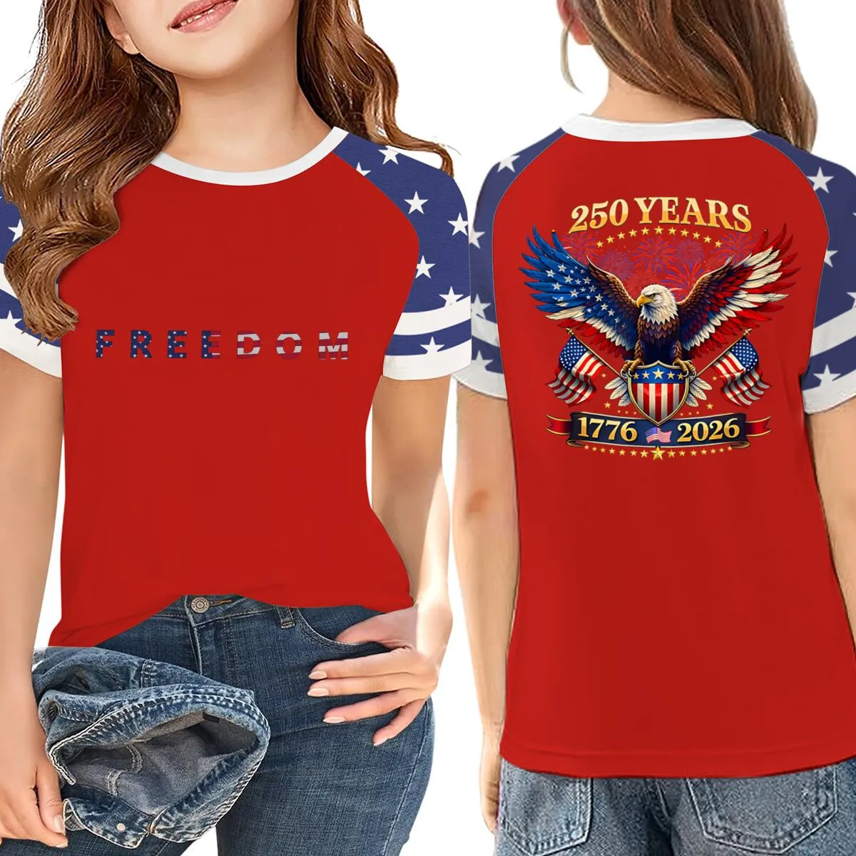 Kids Boys And Girls Independence Day Printed Round Neck Loose T-Shirt Short Sleeve Casual Top Milk Fiber Blend